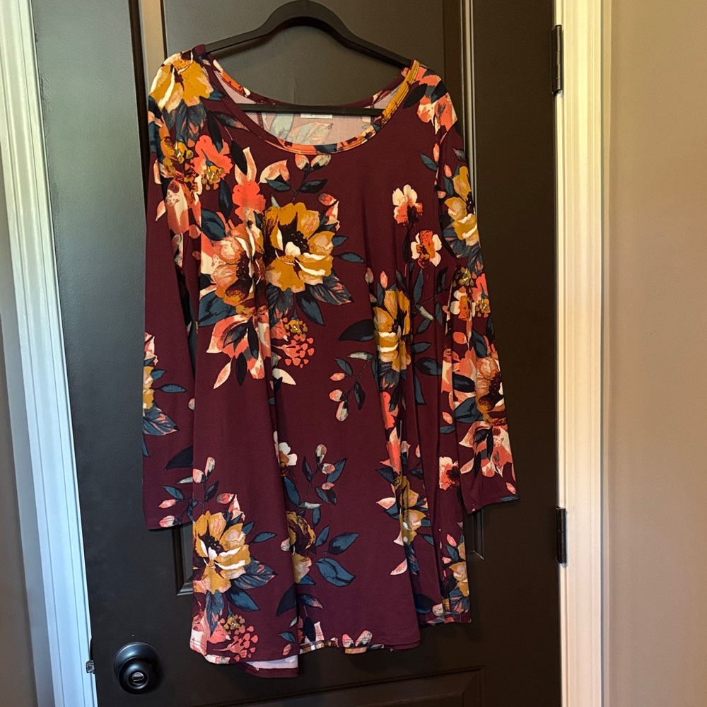 JODIFL Burgundy Mustard and Teal Floral Dress fits L XL